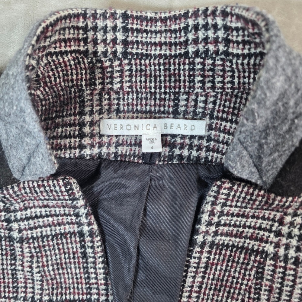 Veronica Beard Cutaway Up-Collar Plaid Dickey Blazer Wool Blend Burgundy gray 4 - Picture 3 of 11